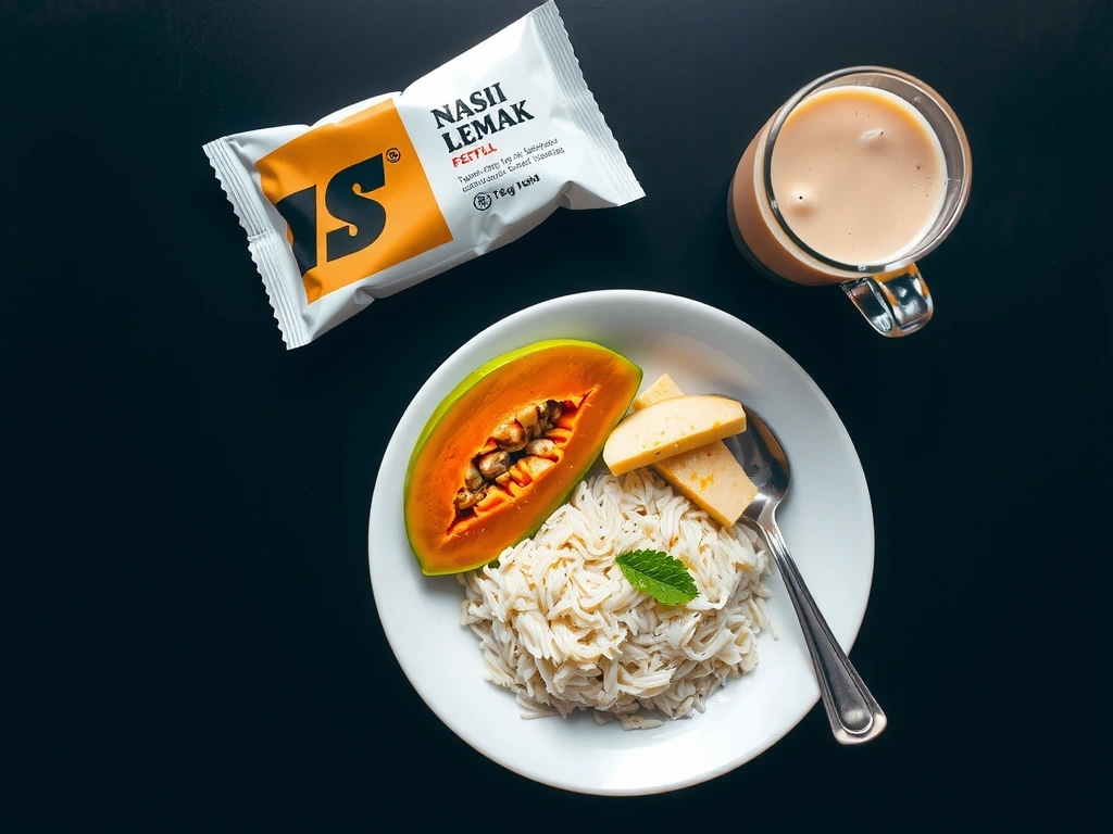 Balanced Malaysian breakfast plate showing nasi lemak, fresh fruit, and teh tarik